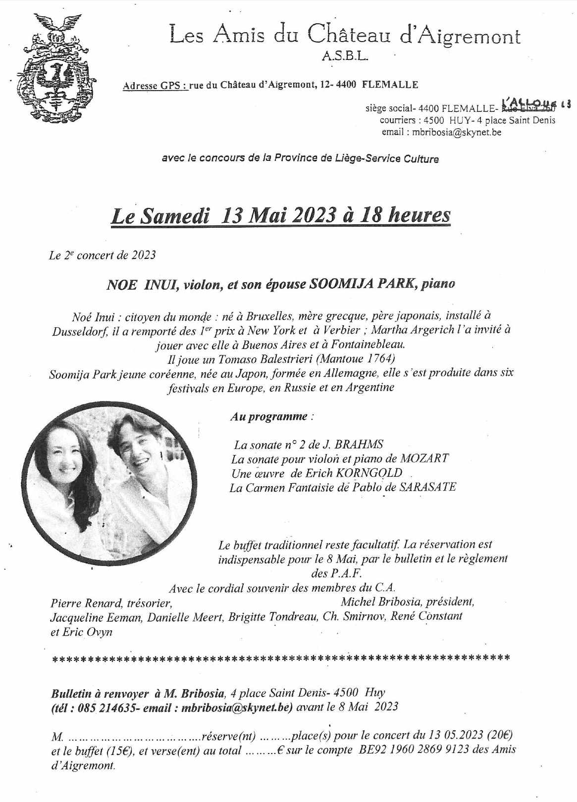 Affiche. Château d|Aigremont, Concert de musique classique - Noé Inui (violon) et son épouse Soomija Park (piano). 2023-05-13